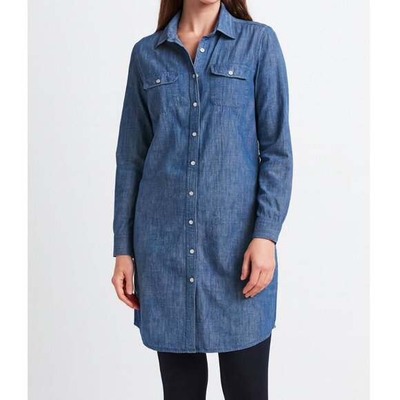 Lands' End Blue Denim Button Front Long Sleeve Fall Shirt Dress Women Size 12P - Picture 1 of 5